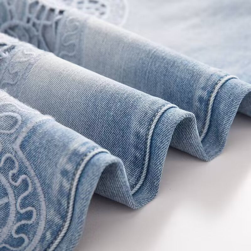 【 AHNGO 】 Summer new light luxury blue hollow slightly flared high waist wide leg loose slimming fashionable jeans for women8839