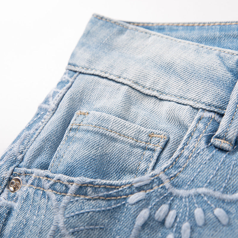 【 Ange 】 Spring and summer new blue design with hollowed out embroidery, high waist, wide legs, loose fit, slimming fashion denim 8843