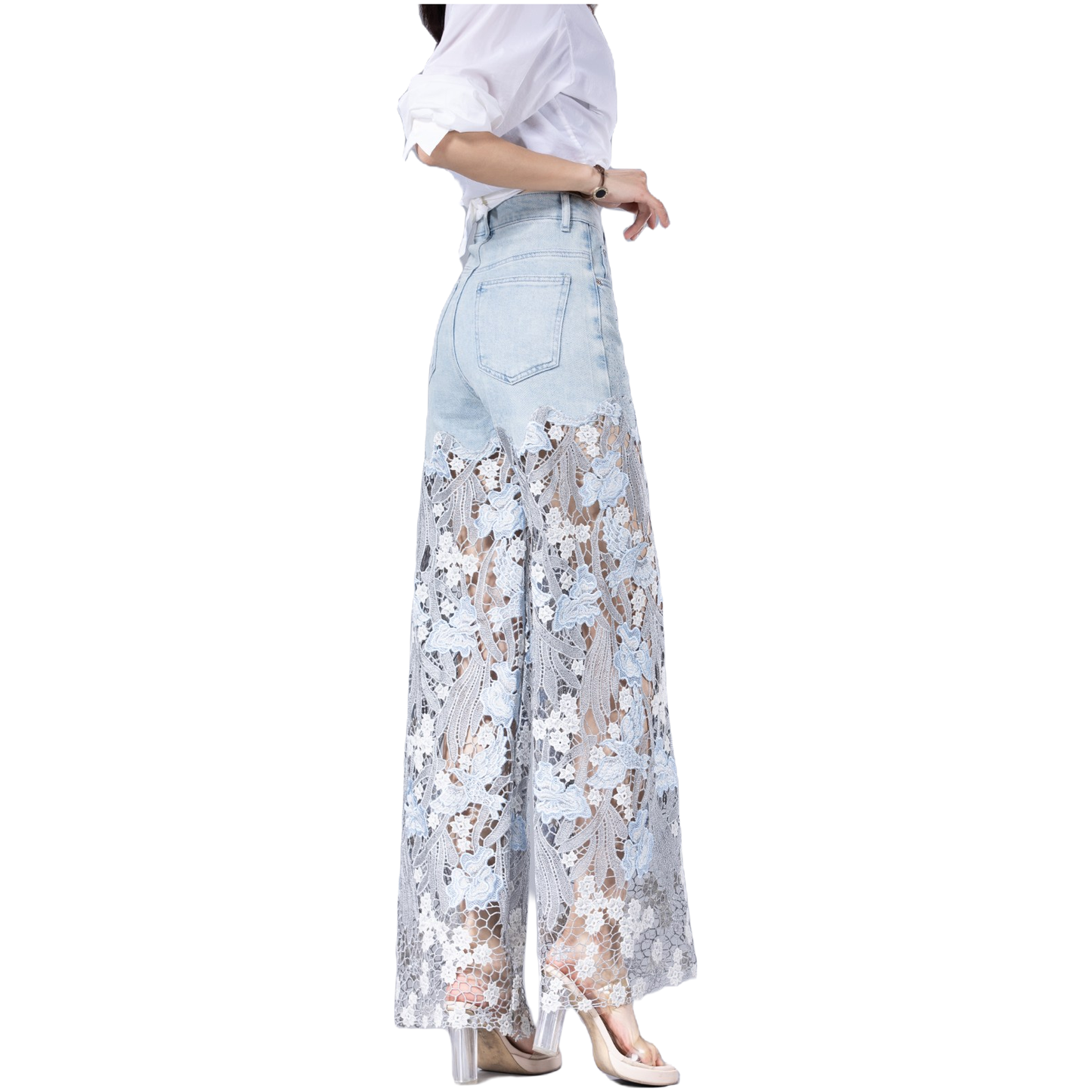 【AHNGO】Designer style water-soluble lace hollow embroidery with high waist, wide legs, limited height, slimming and fashionable elasticity 8931