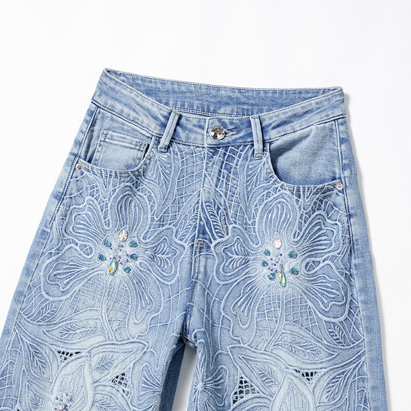 [AHNGO] Summer New Blue Pattern Embroidered Hot Diamond High Waist Wide Legs Look Thin Loose Straight Women's Jeans 8782