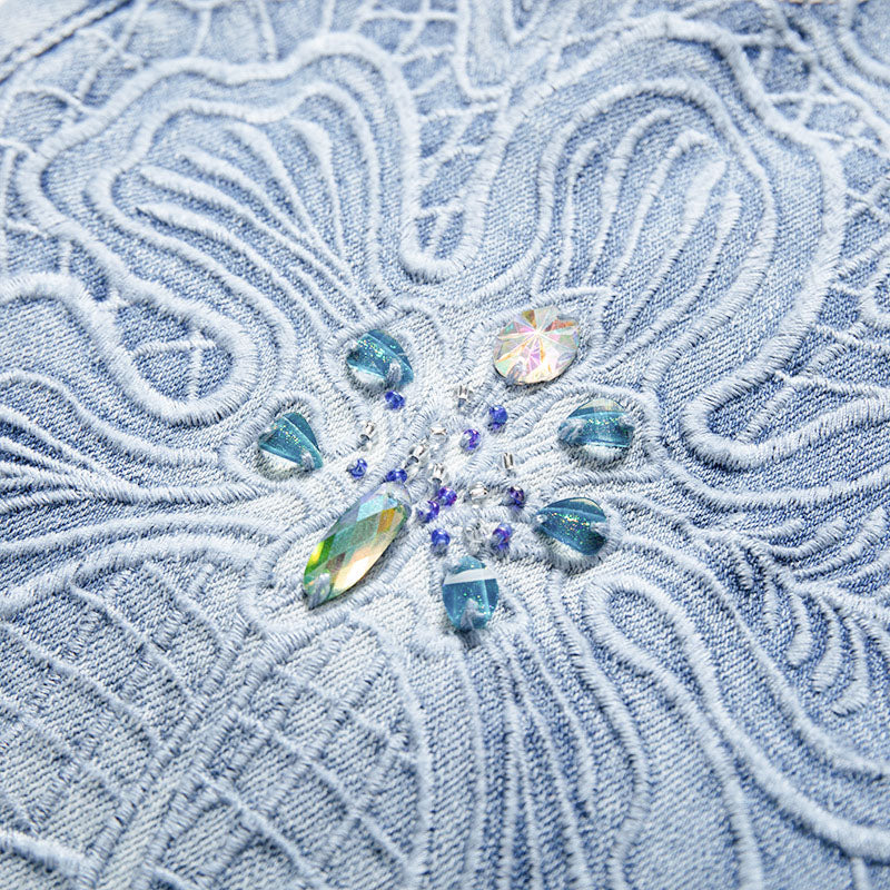 [AHNGO] Summer New Blue Pattern Embroidered Hot Diamond High Waist Wide Legs Look Thin Loose Straight Women's Jeans 8782