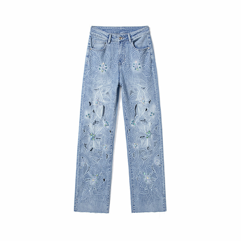 [AHNGO] Summer New Blue Pattern Embroidered Hot Diamond High Waist Wide Legs Look Thin Loose Straight Women's Jeans 8782
