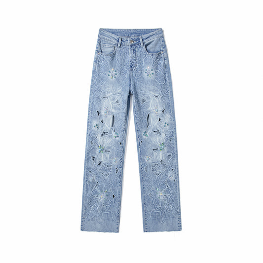 [AHNGO] Summer New Blue Pattern Embroidered Hot Diamond High Waist Wide Legs Look Thin Loose Straight Women's Jeans 8782