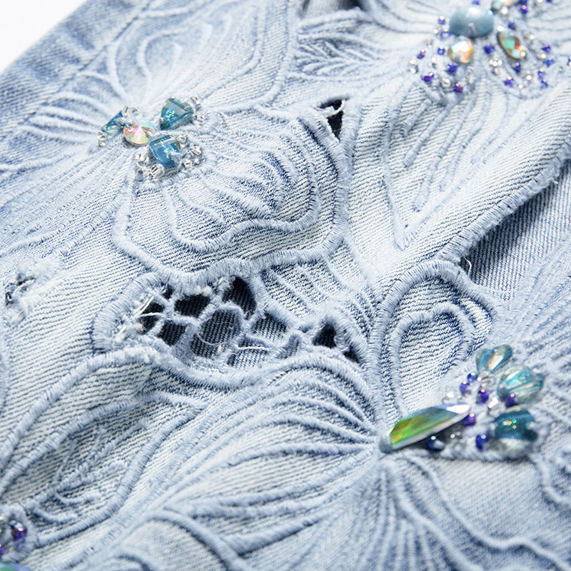 [AHNGO] Summer New Blue Pattern Embroidered Hot Diamond High Waist Wide Legs Look Thin Loose Straight Women's Jeans 8782