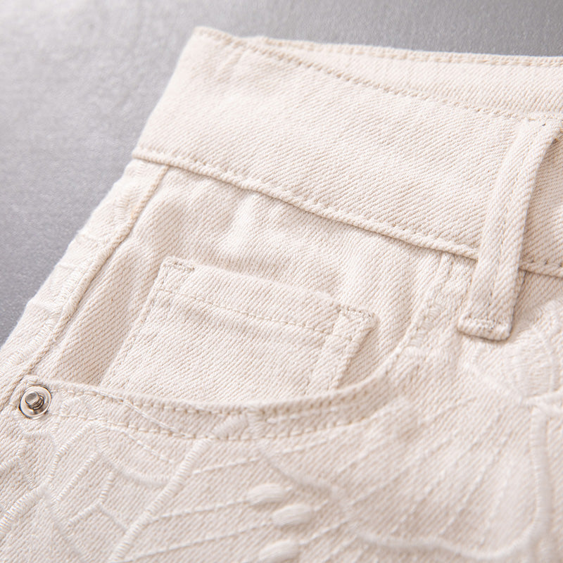 [AHNGO] Summer New Fashionable Heavy Industry Rice White Hollow Embroidery High Waist Display Wide Leg Jeans for Women 8828