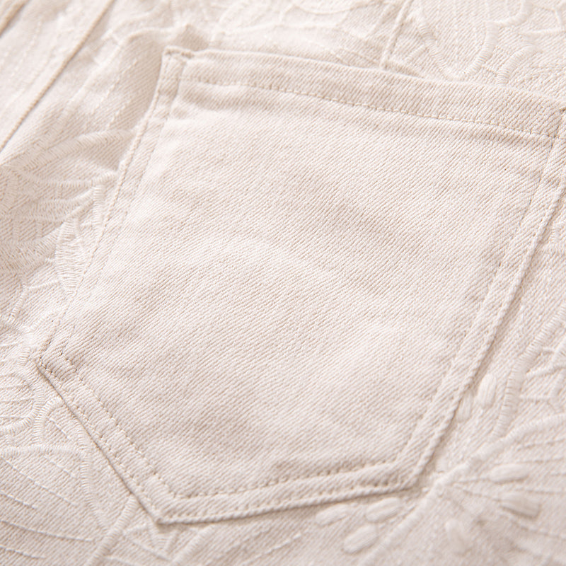 [AHNGO] Summer New Fashionable Heavy Industry Rice White Hollow Embroidery High Waist Display Wide Leg Jeans for Women 8828