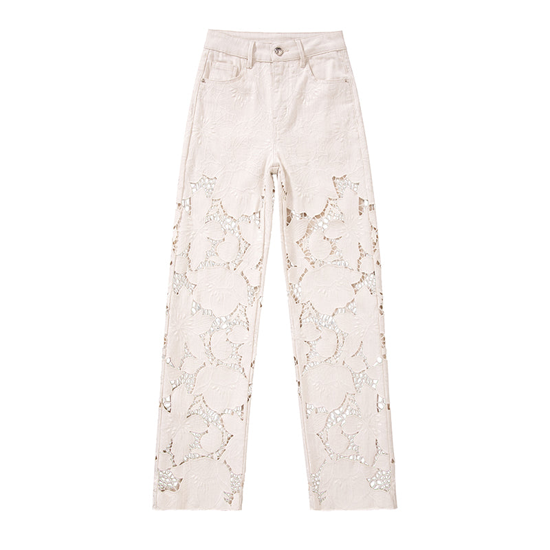 [AHNGO] Summer New Fashionable Heavy Industry Rice White Hollow Embroidery High Waist Display Wide Leg Jeans for Women 8828