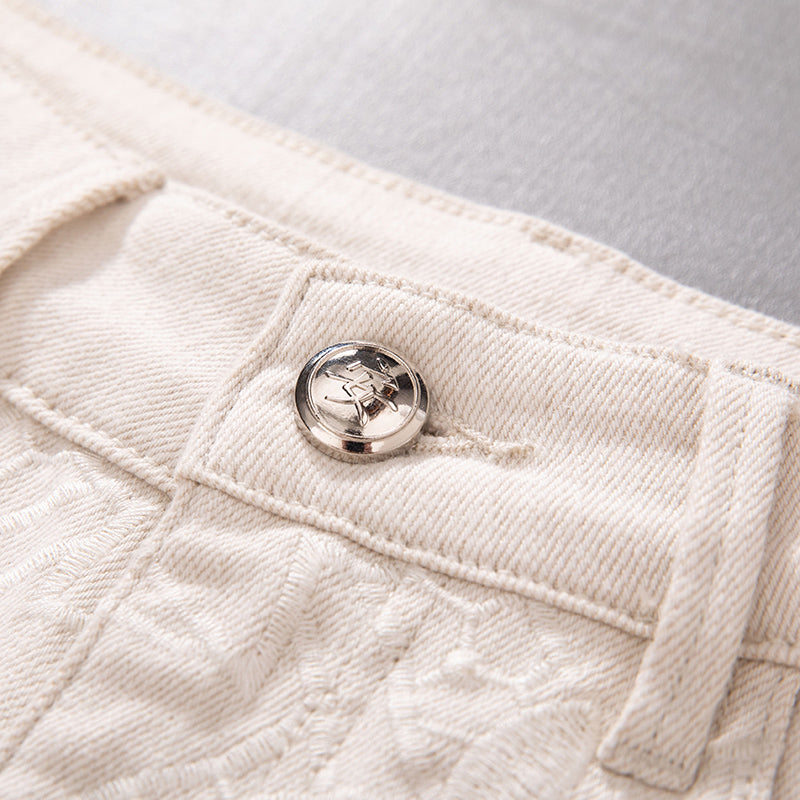 [AHNGO] Summer New Fashionable Heavy Industry Rice White Hollow Embroidery High Waist Display Wide Leg Jeans for Women 8828