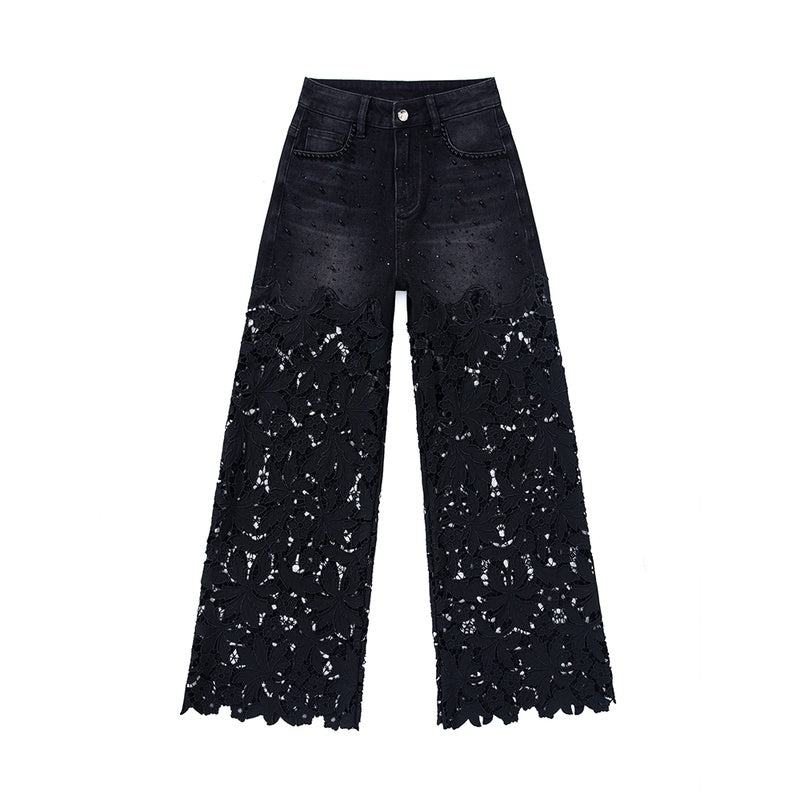 [AHNGO] New black design pattern hollow splicing high waist and wide legs show height and slimming fashion pants jeans 8830