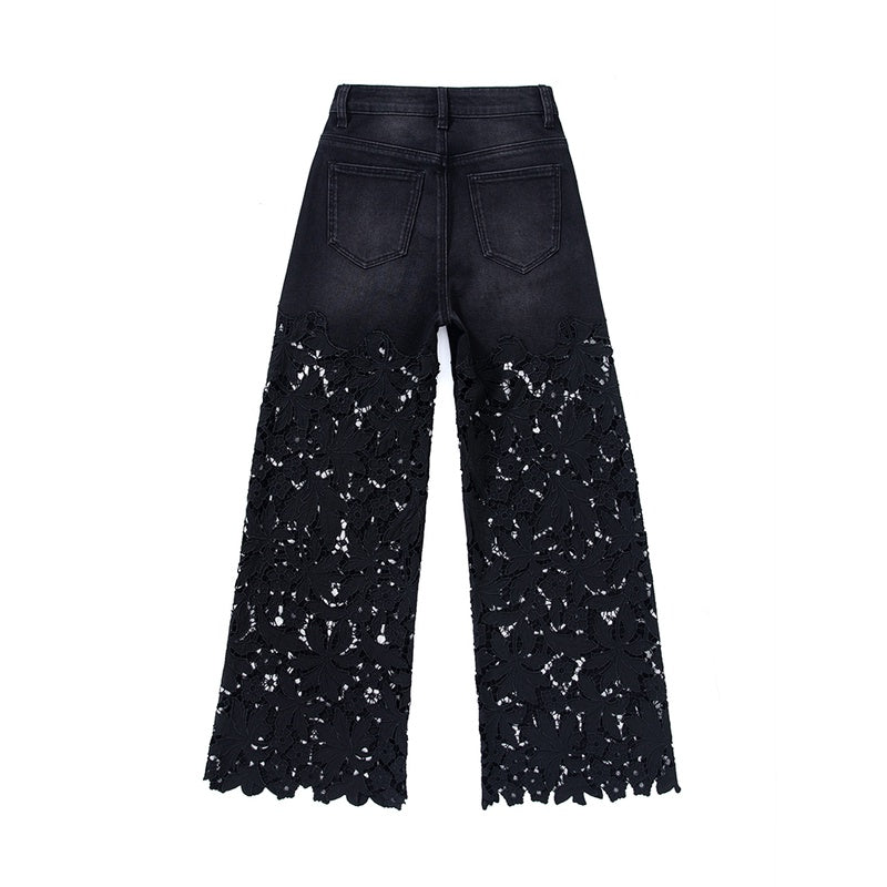 [AHNGO] New black design pattern hollow splicing high waist and wide legs show height and slimming fashion pants jeans 8830