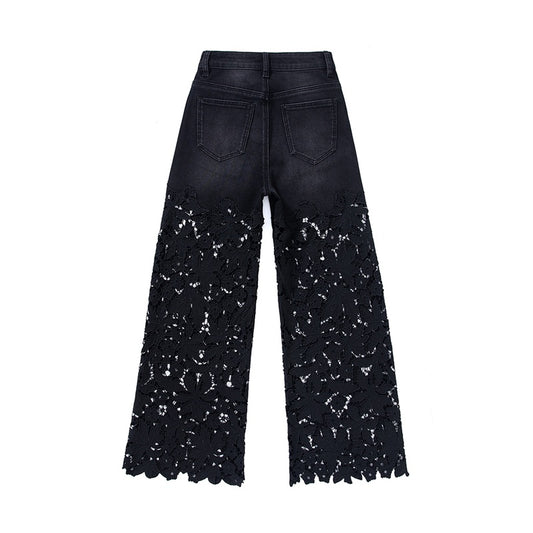 [AHNGO] New black design pattern hollow splicing high waist and wide legs show height and slimming fashion pants jeans 8830