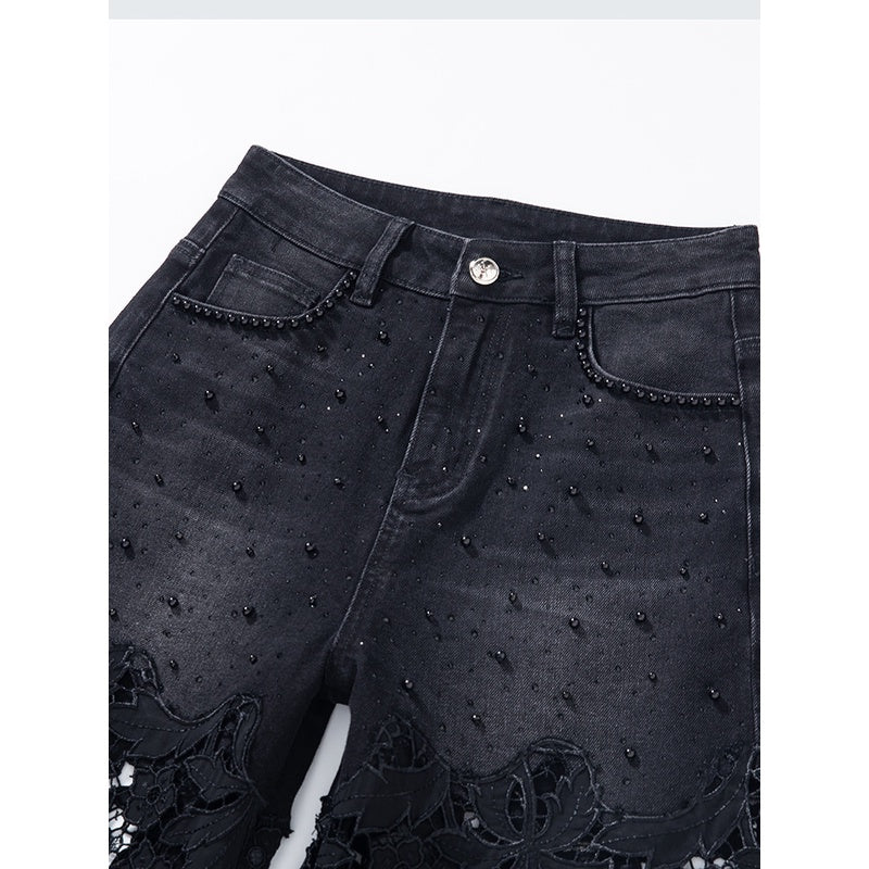 [AHNGO] New black design pattern hollow splicing high waist and wide legs show height and slimming fashion pants jeans 8830