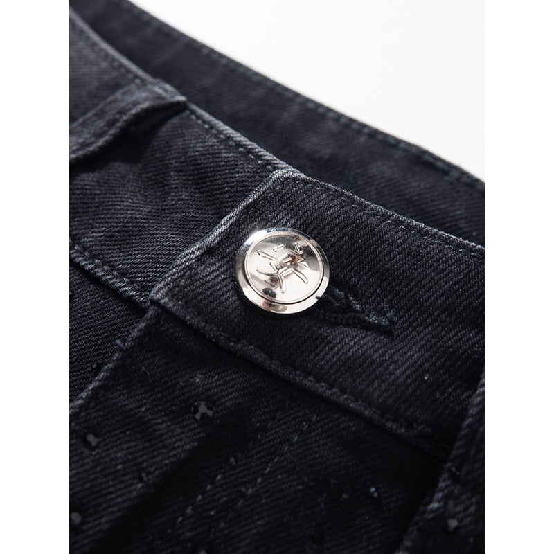 [AHNGO] New black design pattern hollow splicing high waist and wide legs show height and slimming fashion pants jeans 8830