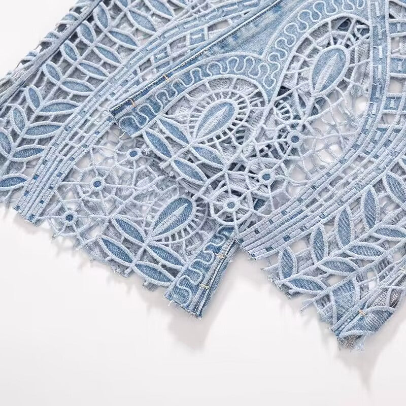 【 AHNGO 】 Summer new light luxury blue hollow slightly flared high waist wide leg loose slimming fashionable jeans for women8839