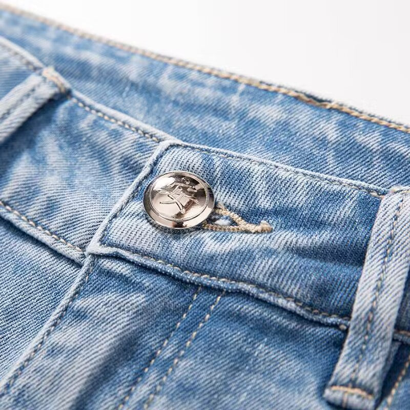 【 AHNGO 】 Summer new light luxury blue hollow slightly flared high waist wide leg loose slimming fashionable jeans for women8839