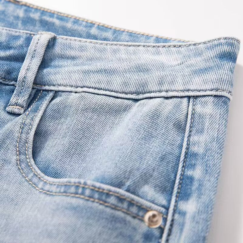 【 AHNGO 】 Summer new light luxury blue hollow slightly flared high waist wide leg loose slimming fashionable jeans for women8839