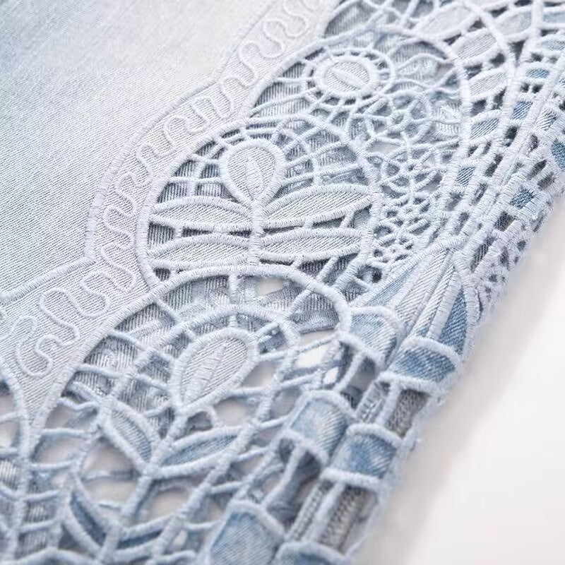 【 AHNGO 】 Summer new light luxury blue hollow slightly flared high waist wide leg loose slimming fashionable jeans for women8839