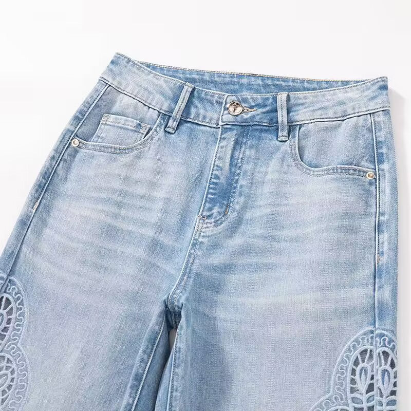【 AHNGO 】 Summer new light luxury blue hollow slightly flared high waist wide leg loose slimming fashionable jeans for women8839