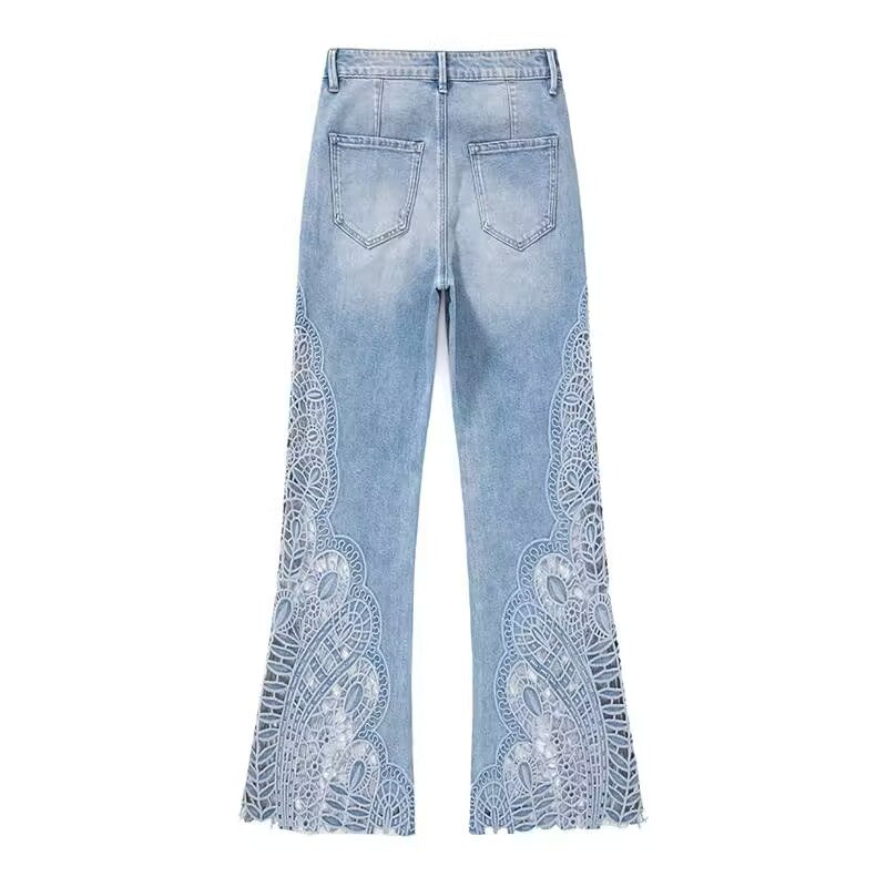 【 AHNGO 】 Summer new light luxury blue hollow slightly flared high waist wide leg loose slimming fashionable jeans for women8839
