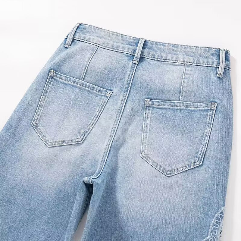 【 AHNGO 】 Summer new light luxury blue hollow slightly flared high waist wide leg loose slimming fashionable jeans for women8839