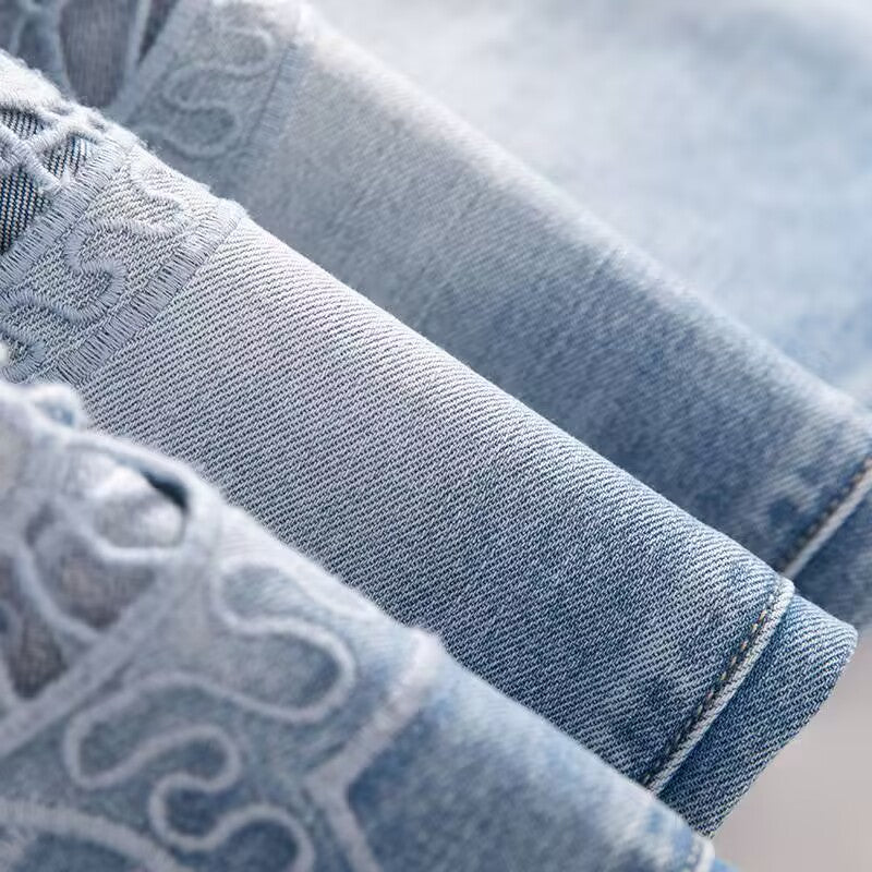 【 AHNGO 】 Summer new light luxury blue hollow slightly flared high waist wide leg loose slimming fashionable jeans for women8839