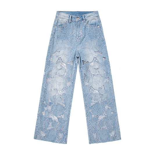 【 Ange 】 Spring and summer new blue design with hollowed out embroidery, high waist, wide legs, loose fit, slimming fashion denim 8843