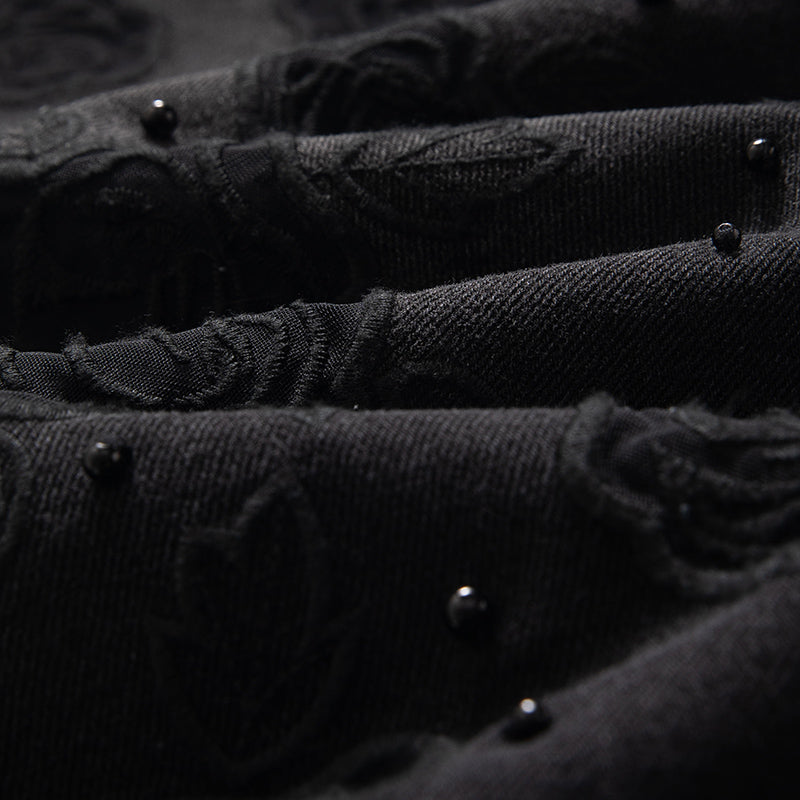 【 AHNGO 】 Spring Designer's New Black Rose Embroidered Nail Bead Wide Leg Straight Tube Loose Medium High Waist Women's Clothing 8908