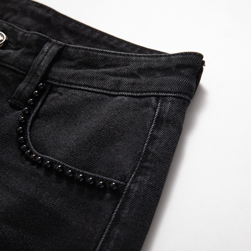 【 AHNGO 】 Spring Designer's New Black Rose Embroidered Nail Bead Wide Leg Straight Tube Loose Medium High Waist Women's Clothing 8908