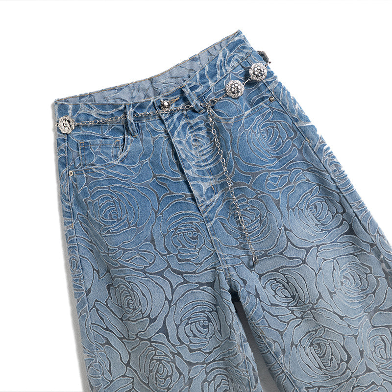 [AHNGO] Summer new blue hollow inner lining high waist wide leg loose slimming fashionable jeans for women 8922