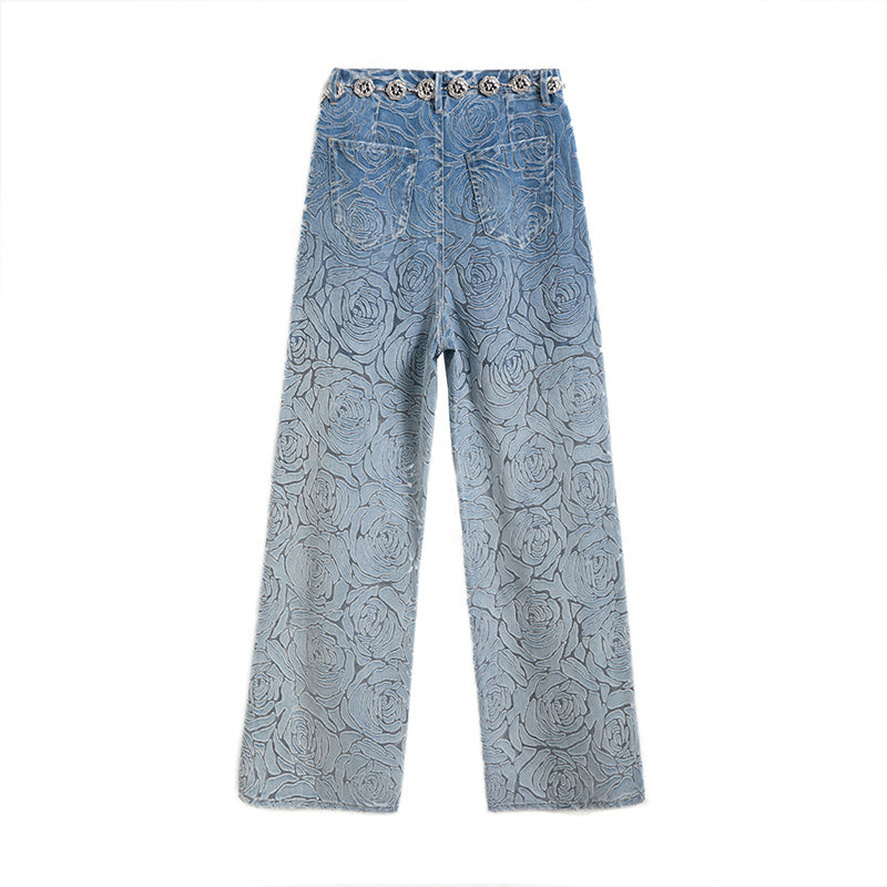 [AHNGO] Summer new blue hollow inner lining high waist wide leg loose slimming fashionable jeans for women 8922