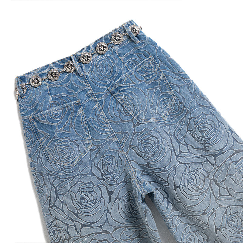 [AHNGO] Summer new blue hollow inner lining high waist wide leg loose slimming fashionable jeans for women 8922