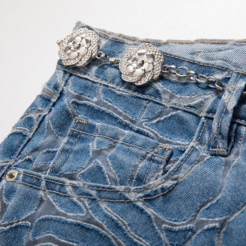 [AHNGO] Summer new blue hollow inner lining high waist wide leg loose slimming fashionable jeans for women 8922