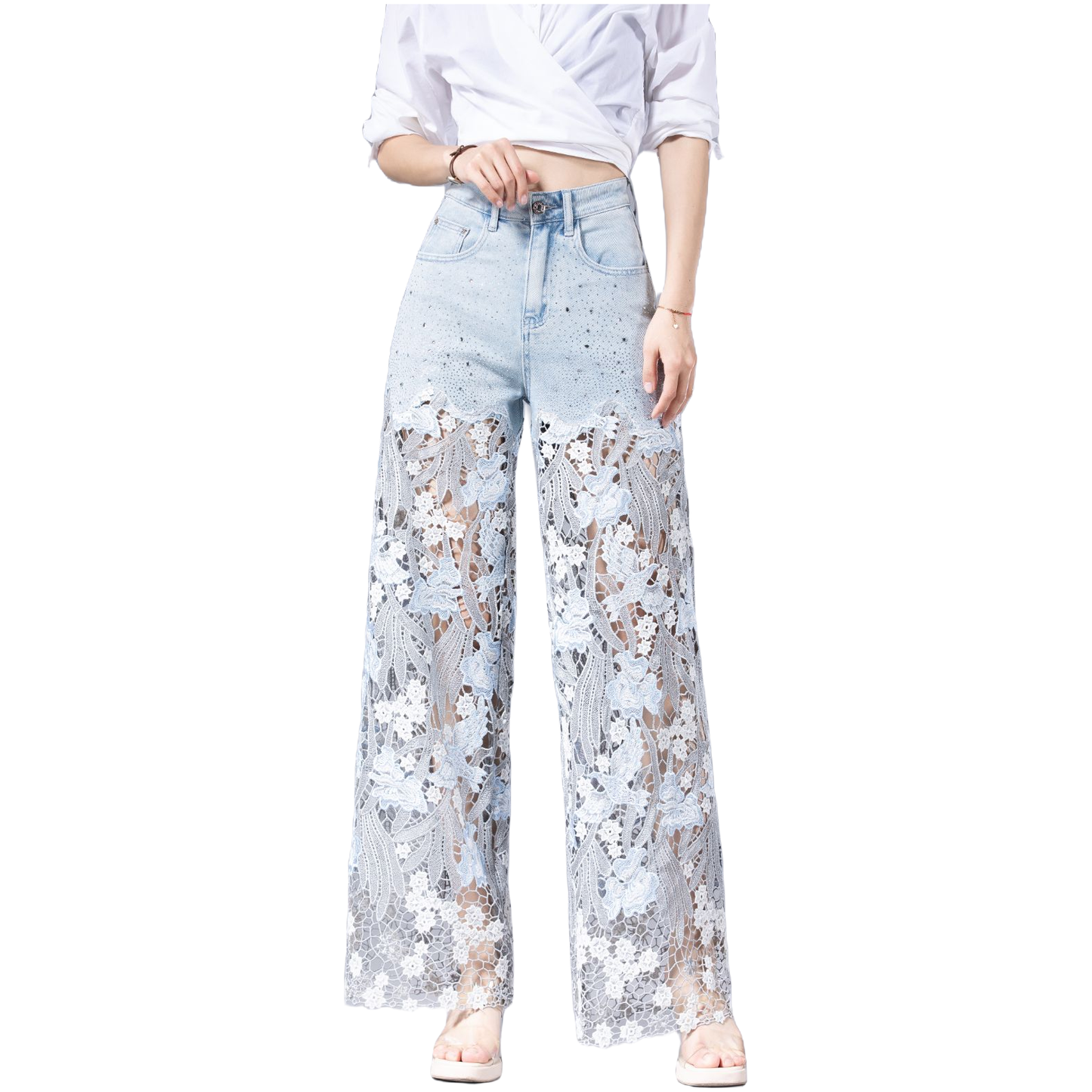 【AHNGO】Designer style water-soluble lace hollow embroidery with high waist, wide legs, limited height, slimming and fashionable elasticity 8931