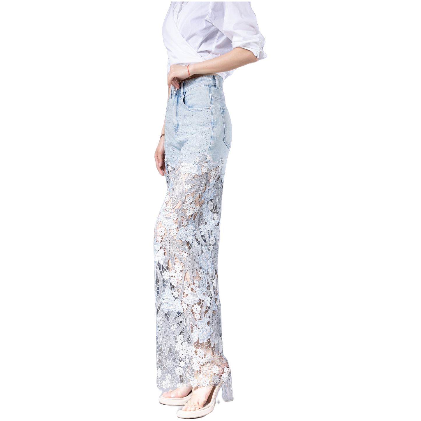 【AHNGO】Designer style water-soluble lace hollow embroidery with high waist, wide legs, limited height, slimming and fashionable elasticity 8931