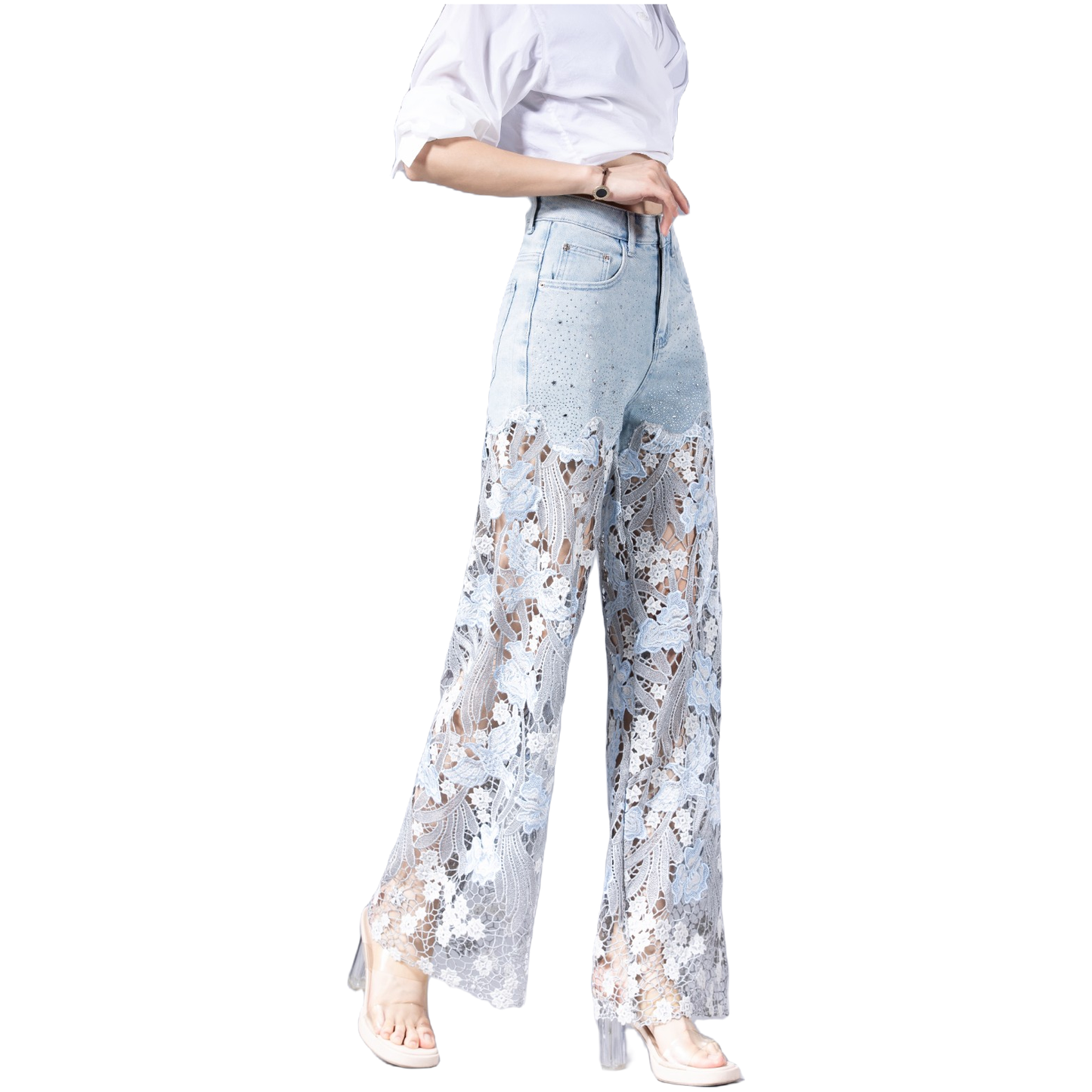 【AHNGO】Designer style water-soluble lace hollow embroidery with high waist, wide legs, limited height, slimming and fashionable elasticity 8931