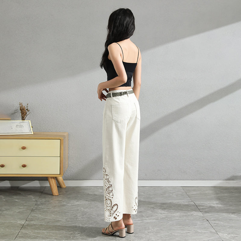【 AHNGO 】 Summer Chinese style hollow embroidery slimming high waist apricot color European style nine part western-style white wide leg denim 8944