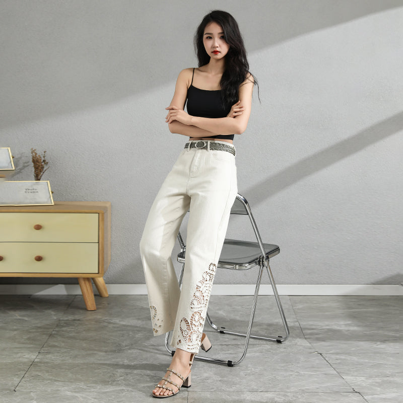 【 AHNGO 】 Summer Chinese style hollow embroidery slimming high waist apricot color European style nine part western-style white wide leg denim 8944