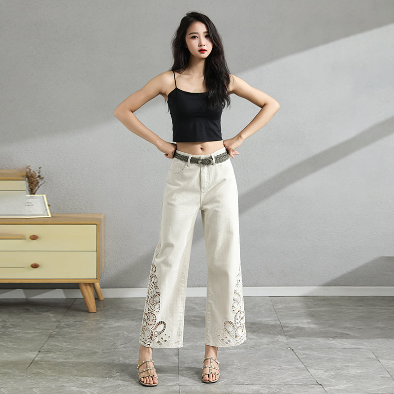 【 AHNGO 】 Summer Chinese style hollow embroidery slimming high waist apricot color European style nine part western-style white wide leg denim 8944