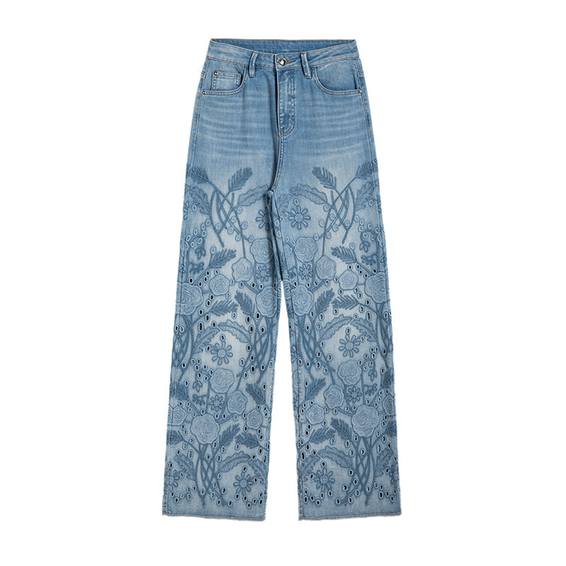 [AHNGO] Summer designer's new blue rose hollowed out embroidered wide leg pants with mid to high waisted women's clothing 8945