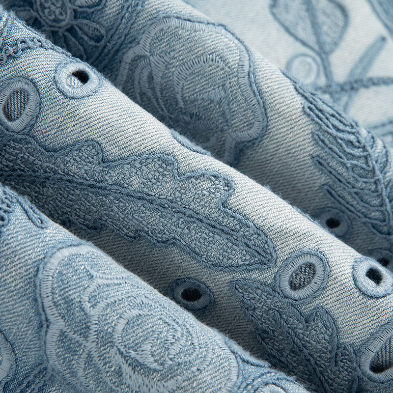 [AHNGO] Summer designer's new blue rose hollowed out embroidered wide leg pants with mid to high waisted women's clothing 8945