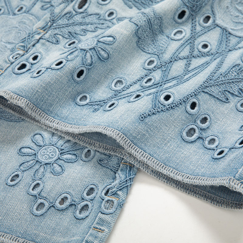 [AHNGO] Summer designer's new blue rose hollowed out embroidered wide leg pants with mid to high waisted women's clothing 8945