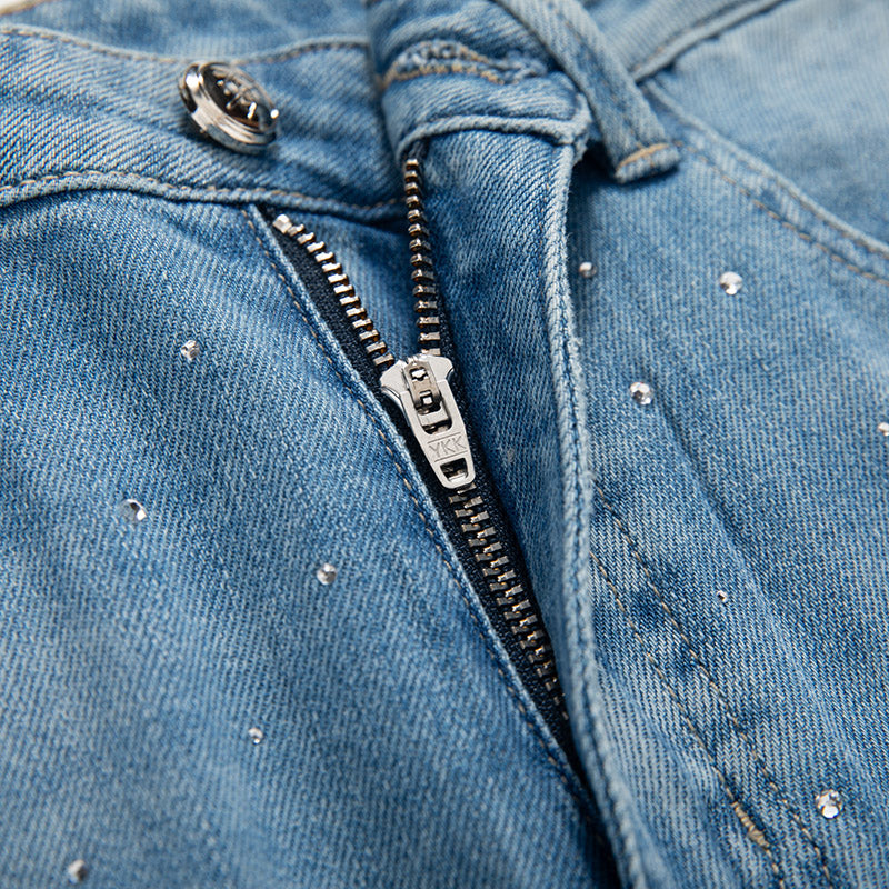 [AHNGO] Spring and Summer New Blue Pattern Embroidered Hot Diamond Look Slimming Loose Straight Women's Jeans 8948