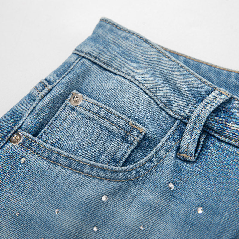 [AHNGO] Spring and Summer New Blue Pattern Embroidered Hot Diamond Look Slimming Loose Straight Women's Jeans 8948