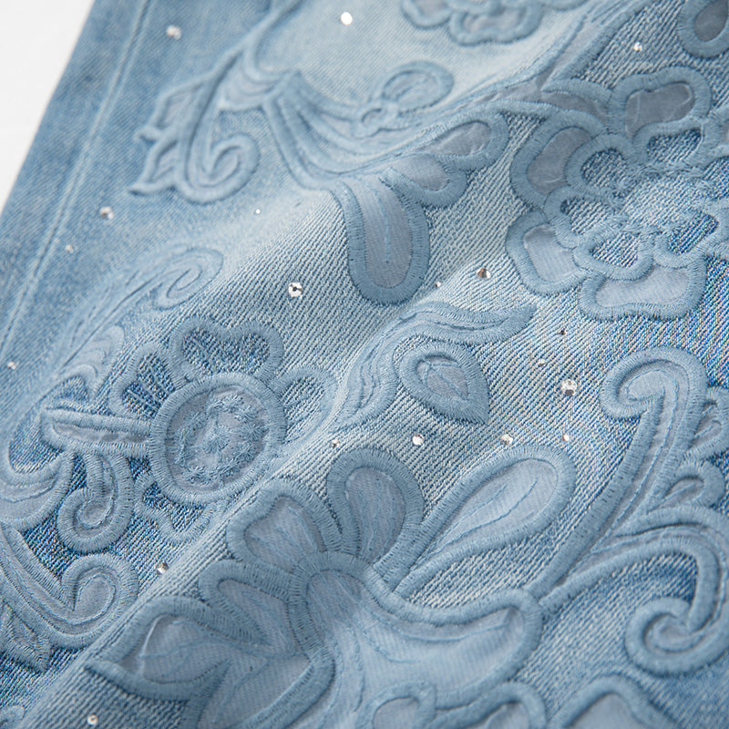 [AHNGO] Spring and Summer New Blue Pattern Embroidered Hot Diamond Look Slimming Loose Straight Women's Jeans 8948