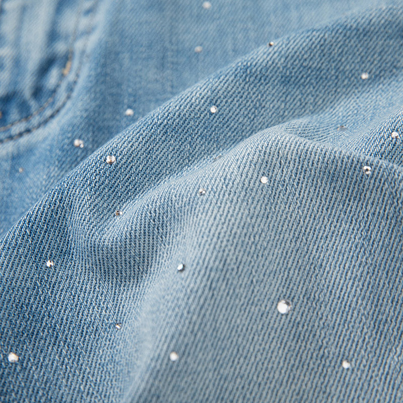 [AHNGO] Spring and Summer New Blue Pattern Embroidered Hot Diamond Look Slimming Loose Straight Women's Jeans 8948