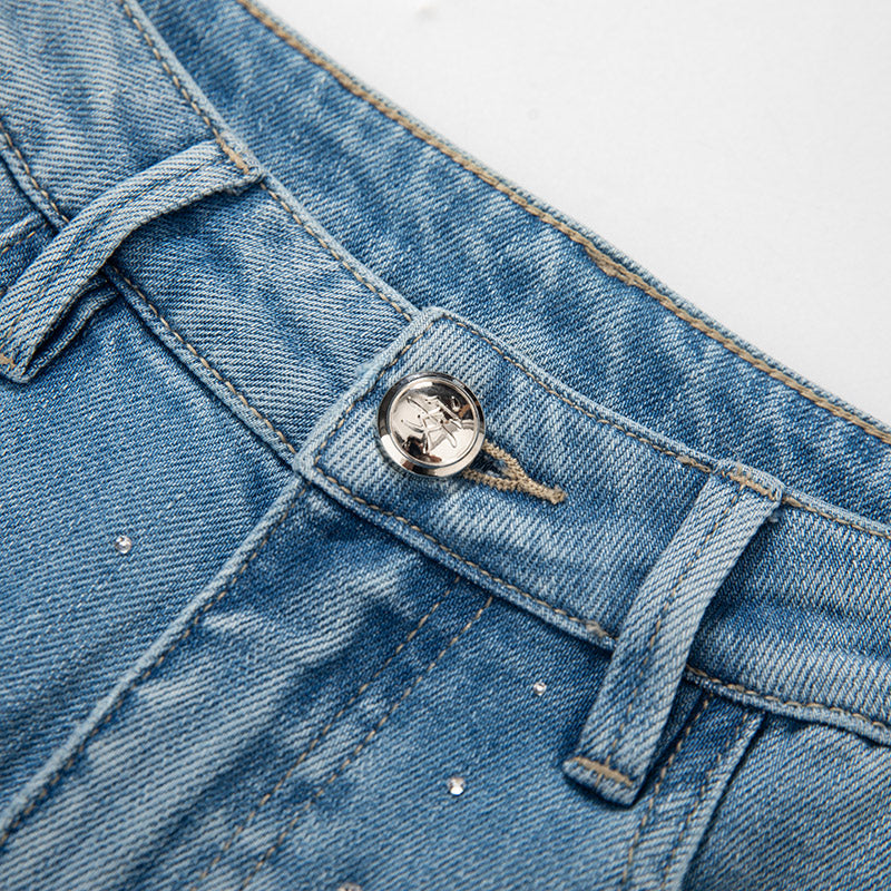 [AHNGO] Spring and Summer New Blue Pattern Embroidered Hot Diamond Look Slimming Loose Straight Women's Jeans 8948