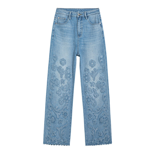 [AHNGO] Spring and Summer New Blue Pattern Embroidered Hot Diamond Look Slimming Loose Straight Women's Jeans 8948