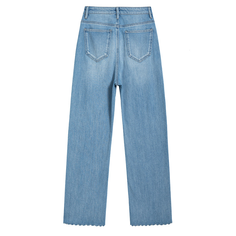 [AHNGO] Spring and Summer New Blue Pattern Embroidered Hot Diamond Look Slimming Loose Straight Women's Jeans 8948