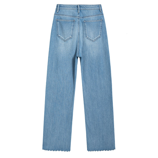 [AHNGO] Spring and Summer New Blue Pattern Embroidered Hot Diamond Look Slimming Loose Straight Women's Jeans 8948