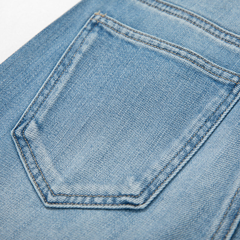 [AHNGO] Spring and Summer New Blue Pattern Embroidered Hot Diamond Look Slimming Loose Straight Women's Jeans 8948